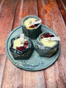 Grey Bliss Set of 3 Soy Wax Scented Candles with Essential Oil Fragrance and Rose Petals with Base Plate in Luxury Packaging Box Ideal for Home Decor Spa Gifting & Aromatherapy - Image 2