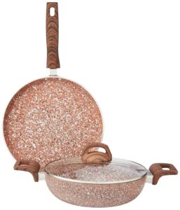 Amazon Basics 2-Piece Non-Stick Cookware Set, Granite Finish, Induction Base (1 Deep Kadai - 24 cm, 1 Tawa - 28 cm; Rust Granito) - Image 2