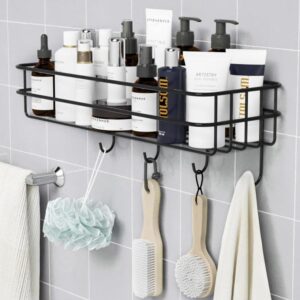 SaleOn Wall Shelf for Bathroom with 4 Hooks, Self Adhesive Wall Storage Organizer, Wall Mount Bathroom Shelf, Metal Rack for Kitchen & Bathroom, Wall Mounted Racks for Storage - Black - Image 2