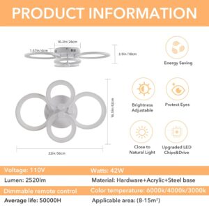 ELEPHANTBOAT® 36W Dimmable Ceiling Light, 3-Color Round LED Ceiling Light with Remote Control, Flush Mount Lighting Fixture with 4 White Rings for Living Room Bedroom (2800-6000k) - Image 3