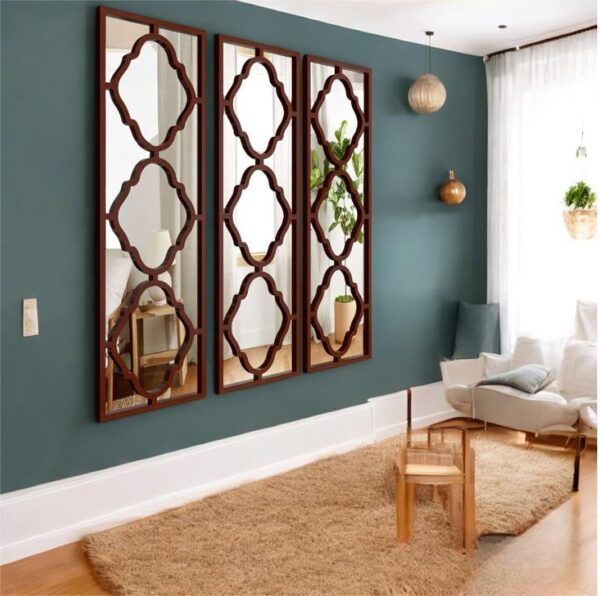 MKH KRAFTS- Wooden Decorative Mirror Wall Panel, Set Of 3 Wall Decor, Beautiful Square Shape Hand Carved Wall Hanging Panel Wall Art Decor Inch Brown 23x12 Inch - Image 2