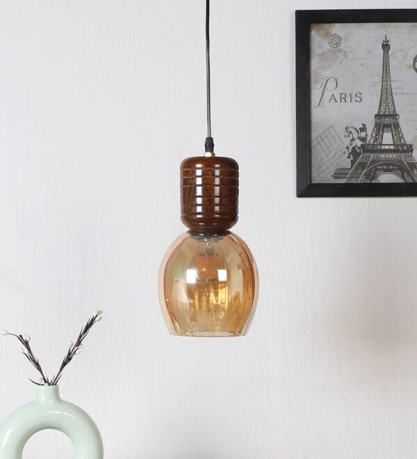 Green House Handmade Sheesham Wood Hanging Pendant Ceiling Jhumar | Home Decor Lighting | E27 Bulb Holder(Bulb not Included) | Lustre Glass | Living Room, Dining Room, Bedroom, Hallway - Image 2