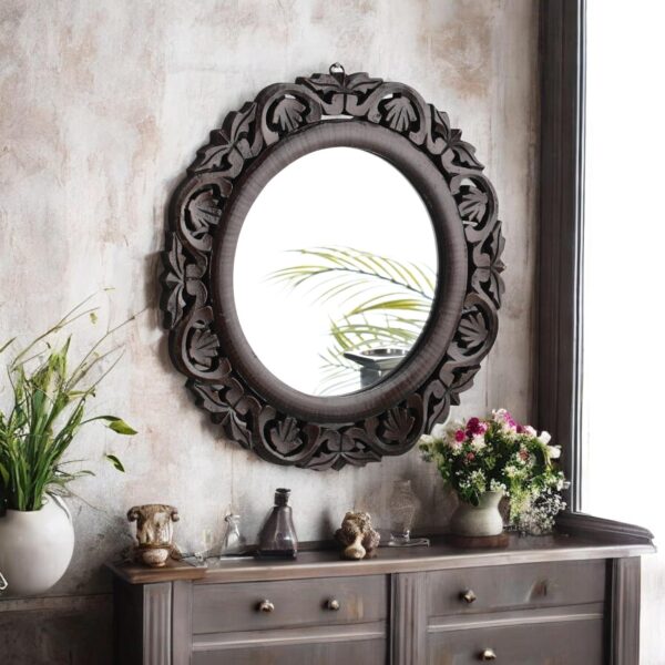 THE URBAN STORE Decorative Hand Crafted Wooden Round Shape Vanity Wall Mirror for Living Room, Bathroom, Bedroom (16" x 16” Inches) - Image 2