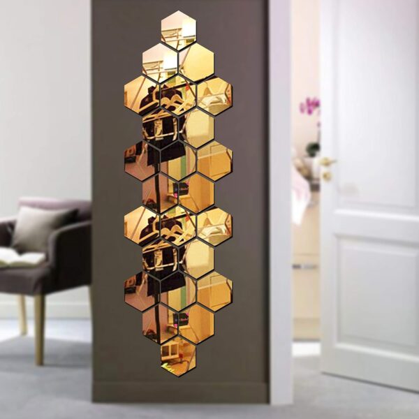 Bikri Kendra Glass-Hexagon 24 Golden Mirror Stickers For Wall,Acrylic Mirror,Mirror Wall Decor Sticker,Hexagonal Wall Mirror Stickers,Acrylic Stickers,Wall Stickers For Hall Room,Bedroom,Kitchen. - Image 2