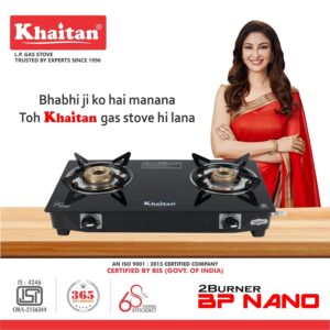 Khaitan 2 Burner Nano Black Premium Toughened Glass | LPG Cooktop I Manual Ignition Stove| Ergonomic Knob | with 1 Year Warranty | Pan India Service | LP Gas Stove | ISI Approved (Black) (2 Burner) - Image 3