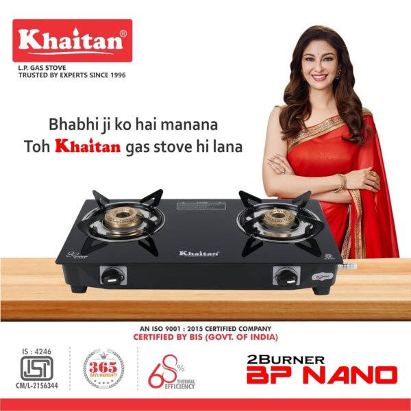 Khaitan 2 Burner Nano Black Premium Toughened Glass | LPG Cooktop I Manual Ignition Stove| Ergonomic Knob | with 1 Year Warranty | Pan India Service | LP Gas Stove | ISI Approved (Black) (2 Burner) - Image 3