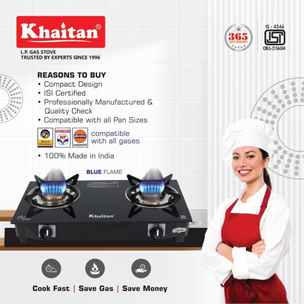 Khaitan 2 Burner Nano Black Premium Toughened Glass | LPG Cooktop I Manual Ignition Stove| Ergonomic Knob | with 1 Year Warranty | Pan India Service | LP Gas Stove | ISI Approved (Black) (2 Burner) - Image 5