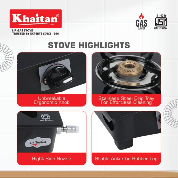 Khaitan 2 Burner Nano Black Premium Toughened Glass | LPG Cooktop I Manual Ignition Stove| Ergonomic Knob | with 1 Year Warranty | Pan India Service | LP Gas Stove | ISI Approved (Black) (2 Burner) - Image 6