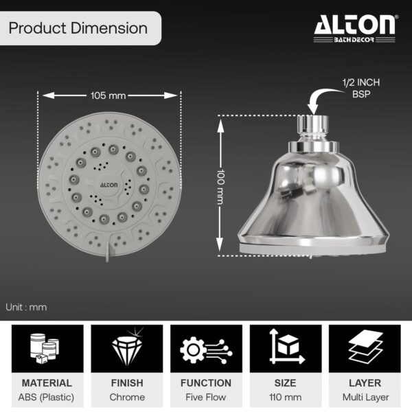 ALTON SHR22310, ABS, 4-INCH, 5-Function Overhead Shower With 9-INCH Arm & Flange, Chrome Finish - Image 5