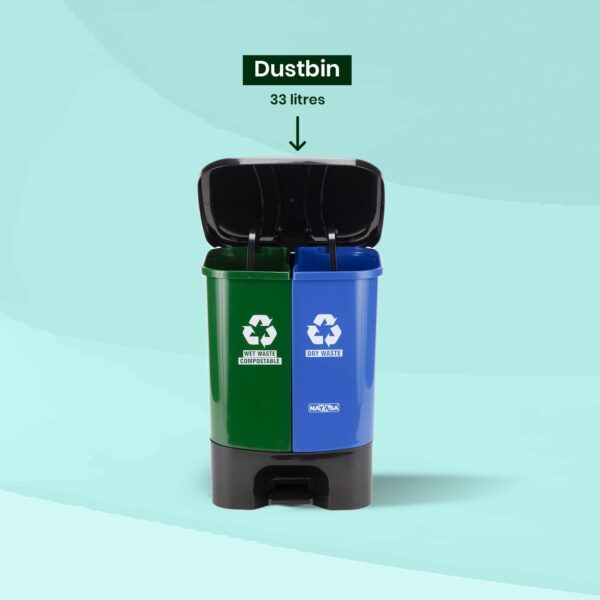 Nayasa Plastic 2 In 1 Dustbin Big | 33 Liter | Wet & Dry Pedal Dustbin | With Lid and Detachable Bin | Green & Blue - Image 5