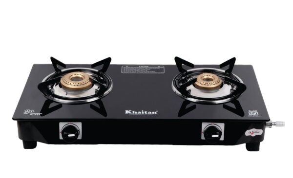 Khaitan 2 Burner Nano Black Premium Toughened Glass | LPG Cooktop I Manual Ignition Stove| Ergonomic Knob | with 1 Year Warranty | Pan India Service | LP Gas Stove | ISI Approved (Black) (2 Burner) - Image 2