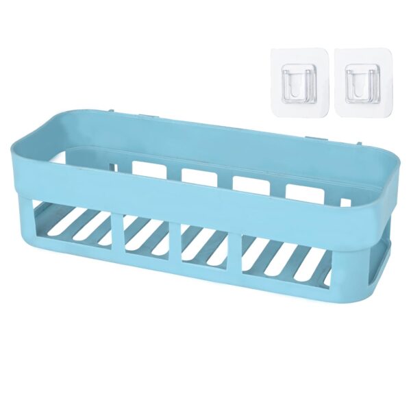 Zureni Plastic Bathroom Shelf with Self Adhesive Hooks Rack No Drill Wall Mounted Organizer Shower Caddy Suction Cup Basket for Shampoo Body Wash Loofahs- Blue - Image 2