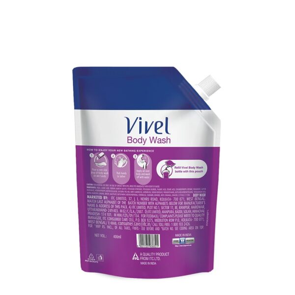 Vivel Fragrant Body Wash, Lavender & Almond Oil Shower Gel, 400 ml Supersaver Refill Pouch, Moisturizing Bodywash, Soft & Smooth Skin, Effective Cleansing, For Women & Men - Image 6