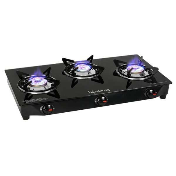 Lifelong 3 Burner Gas Stove Top for Kitchen - Manual Ignition Cooktop Modern Glass Stove for Modular Kitchen, ISI Certified & Compatible with LPG - 1 Year Manufacturer's (Black, LLGS18) - Image 2