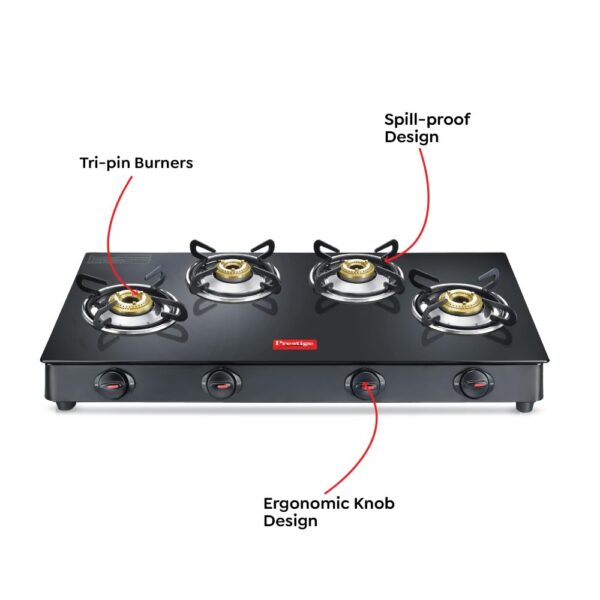 Prestige Magic plus Toughened Glass-Top(Long)4 Brass Burner LPG Gas Stove (GTMP-04L)| Black Spill Proof Design | Ergonomic Knob | Tri-Pin Burner - Image 6