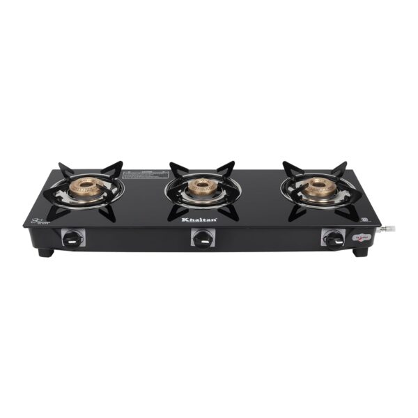 Khaitan 3 Burner BP Jio Black Toughened Glass | LPG Cooktop I Manual Ignition Stove| Ergonomic Knob|with 1 Year Warranty | Pan India Service| LP Gas Stove | ISI Approved (Black) (3 Burner) - Image 2