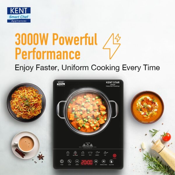 KENT Star Induction Cooktop 3000W | 6 Preset Menu | Full Microcrystalline Glass |Feather Touch Buttons & LED Display |Milk Boiling & Turbo Cooking Function | Overheat Protection & Auto Turn-Off| Black - Image 5