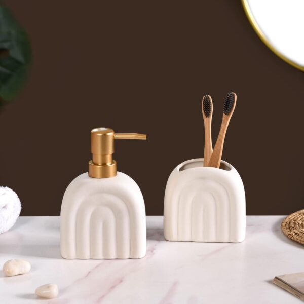 Nestasia Contemporary Arches Bathroom Set of 2 - Matte White Ceramic Soap Dispenser & Toothbrush Holder | Luxury Home Gift - Image 2