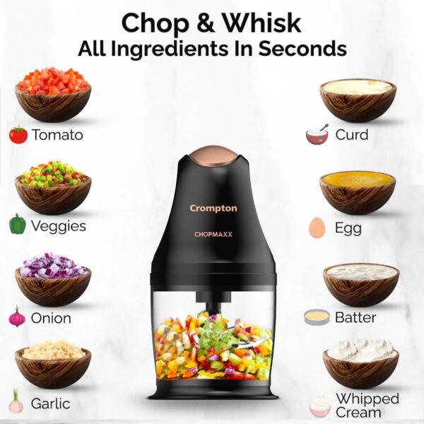 Crompton ChopMaxx Electric Vegetable Chopper | 300 Watts Motors | Twin S-Shaped Ninja food grade blades | 800 ml see through food grade bowl | Whisking attachment | Easy to clean & Store - Image 5