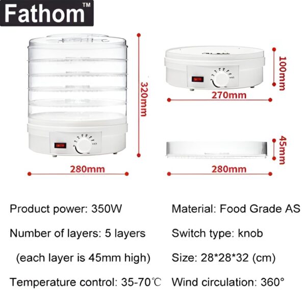 Fathom® Food Dehydrator Machine Dehydrate Beef Jerky Meat Mushrooms Fruits & Vegetables Great For At High-Heat Circulation Home Use for Kitchen Dehydration Food Dryer Machine with 5 Stackable Trays - Image 7