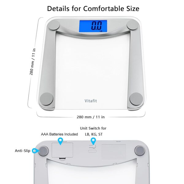 Vitafit Digital Body Weight Bathroom Scale Weighing Scale with Step-On Technology,Extra Large Blue Backlit Display, 400 Pounds,Clear Glass - Image 7