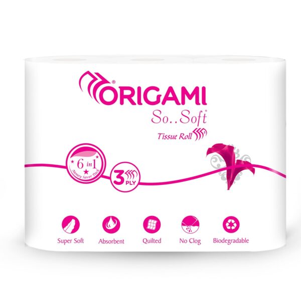 Origami Toilet Roll pack of 6, 140 Pulls each 3 ply (Total 6 Rolls, 840 Sheets) - Image 2