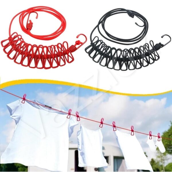 VazzLox Cloth Drying Rope with Hooks (Pack of 2) Elastic Cloth Hanging Rope for Cloth Drying with 12 Clips Cloth Rope for Drying Clothes for Travel Home Outdoor Kapde Sukhane ki Rassi Wire -Multicolor - Image 2