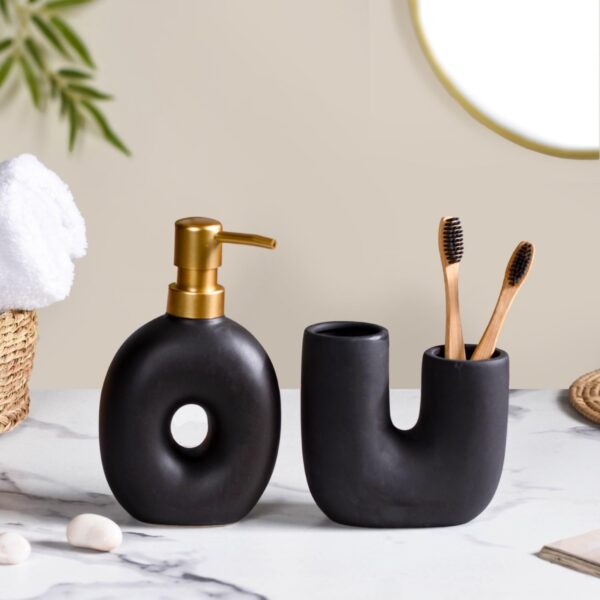 Nestasia Modern Donut Ceramic Bath Set of 2 - Matte Black Soap Dispenser & Toothbrush Holder | Sleek Bathroom Accessories - Image 2