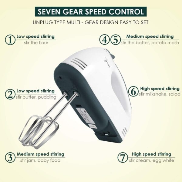 260 Watt Electric Hand Mixer Hand Blender Egg Beater Cake Maker Beater Cream Mix Food Blender Beater For Whipping Cream Beater For Kitchen Beating Eggs Cake With 7 Speed - Image 8