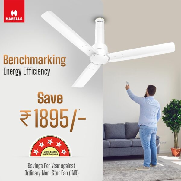 Havells 1200mm Elio BLDC Ceiling Fan | Remote Controlled, High Air Delivery Fan | 5 Star Rated, Upto 60% Energy Saving, 2+1* Year Warranty | (Pack of 1, Elegant White) - Image 6