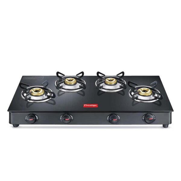 Prestige Magic plus Toughened Glass-Top(Long)4 Brass Burner LPG Gas Stove (GTMP-04L)| Black Spill Proof Design | Ergonomic Knob | Tri-Pin Burner - Image 2