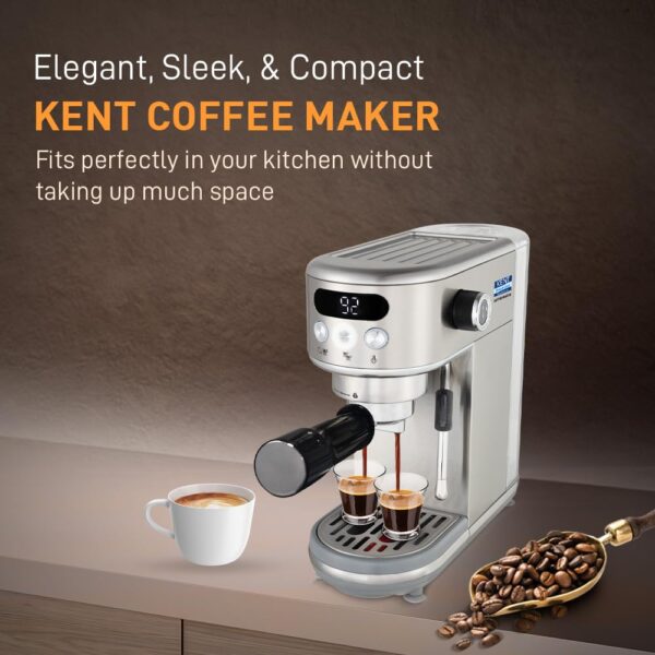 KENT Coffee Maker 1400 W | Makes Two Cups of Coffee at a Time | High Pressure Steam for making Cappuccinos & Lattes | In-Built Steamer for Frothing | Suitable for Ground Coffee | 1.2L Capacity |Silver - Image 3