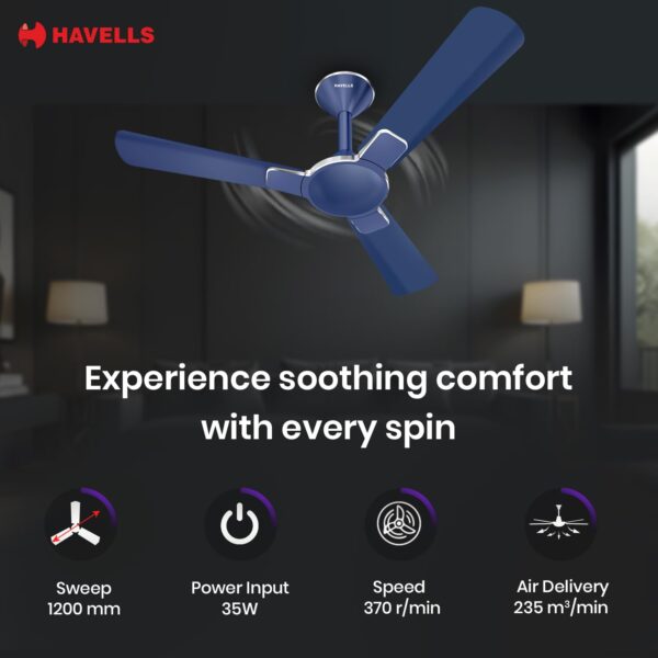 Havells 1200mm Enticer BLDC Prime Ceiling Fan | 5 Star with Remote, 100% Copper, Breeze, Sleep Mode, Timer| Upto 55% Energy Saving, High Air Delivery, 2 Year Warranty | (Pack of 1, Indigo Blue Chrome) - Image 8