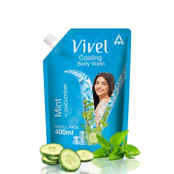 Vivel Cooling Body Wash, Mint & Cucumber Shower Gel, 400 ml Supersaver Refill Pouch, Moisturizing & Fragrant Bodywash, For Soft, Smooth & Fresh Skin, Refreshing Shower Gel, For Women & Men - Image 2