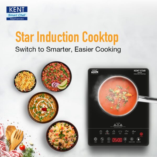 KENT Star Induction Cooktop 3000W | 6 Preset Menu | Full Microcrystalline Glass |Feather Touch Buttons & LED Display |Milk Boiling & Turbo Cooking Function | Overheat Protection & Auto Turn-Off| Black - Image 3