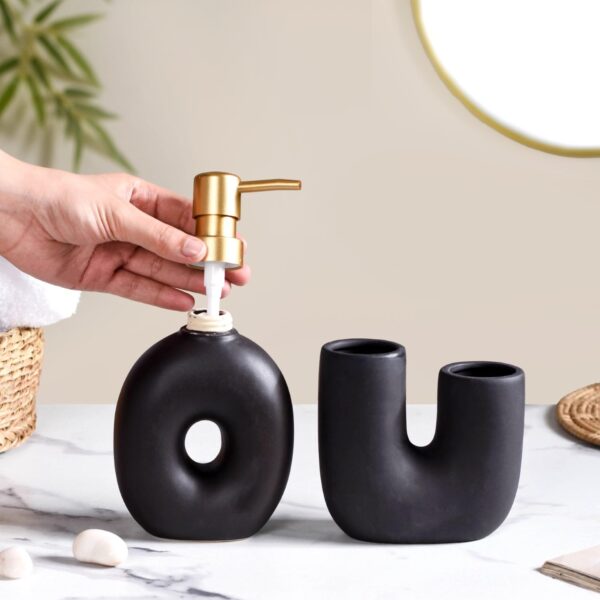 Nestasia Modern Donut Ceramic Bath Set of 2 - Matte Black Soap Dispenser & Toothbrush Holder | Sleek Bathroom Accessories - Image 3