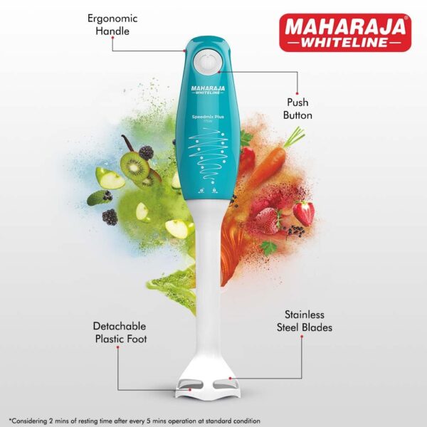 Maharaja Whiteline Speedmix Plus Neo Hand Blender with Stainless Steel Blades | Long Lasting Performance With 250W Motor | 800Ml Multi-Purpose Jar | Detachable Plastic Foot (Turquoise Blue & White) - Image 5