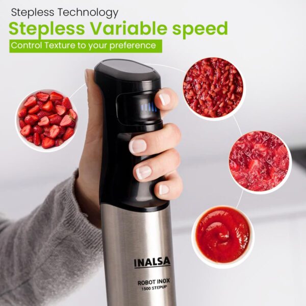 INALSA Hand Blender 1500 W|Silent DC Copper Motor|European Stepless Variable Speed Design| X.Large 1L Chopper|Unique Potato Masher| Detachable| Stainless Steel-Robot INOX 1500 StepUp - Image 9