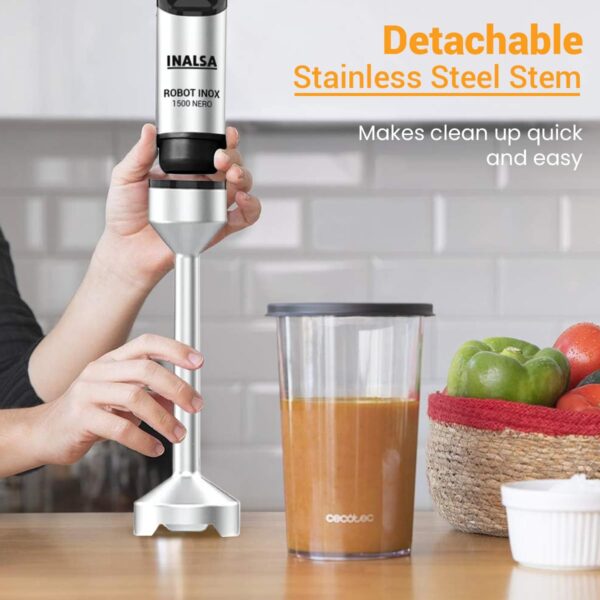 INALSA Hand Blender 1500Watts|Silent DC Copper Motor|Variable Speed with Stepless Technology|4 Attachments|Anti-Splash Technology| Detachable Stainless Steel Stem-Robot INOX 1500 Nero - Image 6