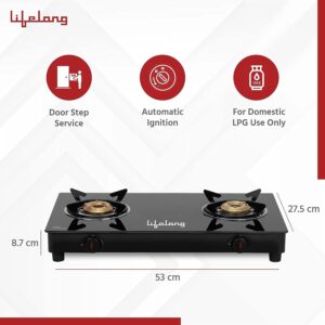 Lifelong 2 Burner Gas Stove Top for Kitchen - Automatic Ignition Cooktop Modern Glass Stove for Modular Kitchen, ISI Certified & Compatible with LPG - 1 Year Manufacturer's (Black, LLGS912) - Image 5