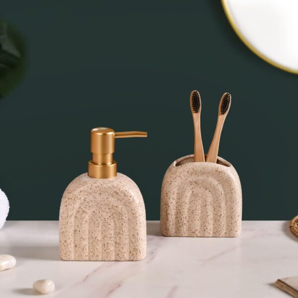 Nestasia Ceramic Textured Arched Bathroom Accessories Set of 2 - Elegant Soap Dispenser & Toothbrush Holder | Luxury Home Gift - Image 2