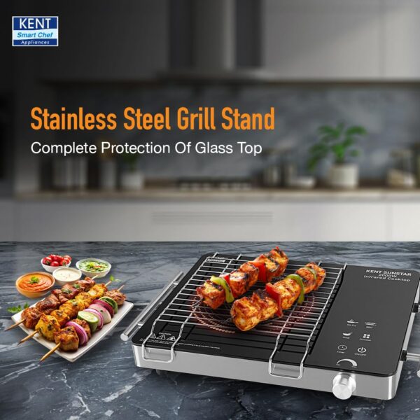 KENT Sunstar Infrared Cooktop 2000W | 3 Preset Menus | Grill Stand to BBQ & Roast | Microcrystalline Glass | Digital Functions with LED Display | Adjustable Temperature Knob | SS Handle |Auto Cut-Off - Image 9