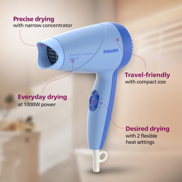 Philips HP8100/60 Compact Hair Dryer| 2 Flexible heat setting| ThermoProtect prevents overhearting | 1000 Watts- Blue - Image 3