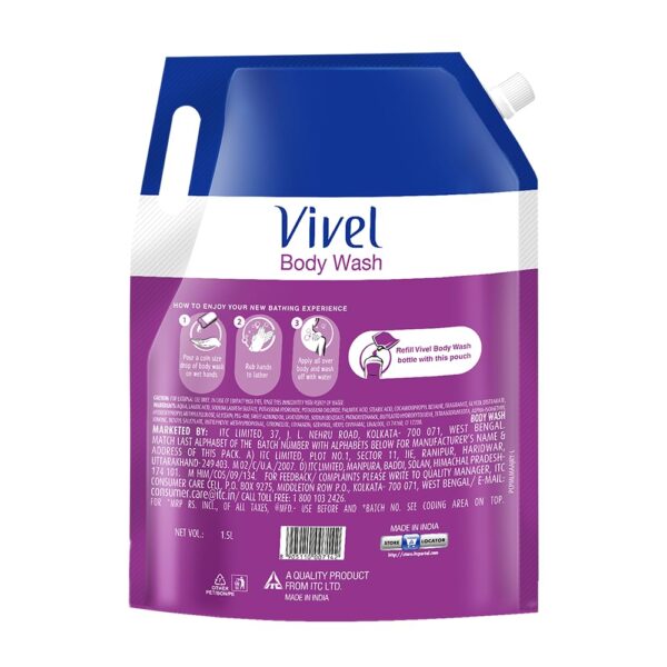 Vivel Fragrant Body Wash, Lavender & Almond Oil Shower Gel, 1500ml Supersaver XL Refill Pouch, Moisturizing Bodywash, Soft & Smooth Skin, Effective Cleansing, For Women & Men - Image 6