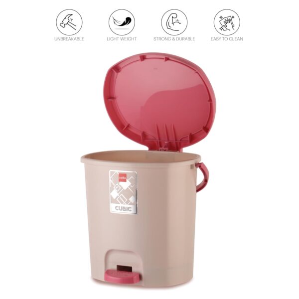 CELLO Cubic Plastic Pedal Dustbin Small Size | Trash Can Garbage Waste Bin with Lid & Handle | Ideal for Home, Kitchen, Office, Bathroom & Washroom | 7 Liters | Pink - Image 3