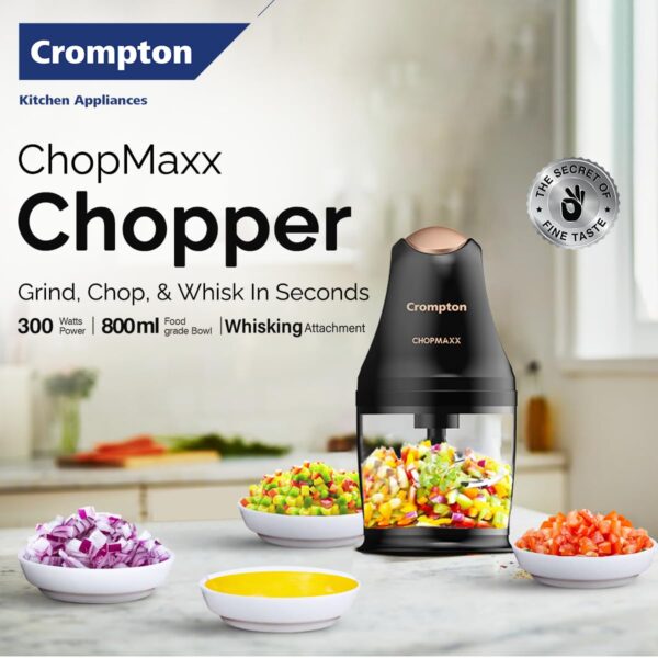 Crompton ChopMaxx Electric Vegetable Chopper | 300 Watts Motors | Twin S-Shaped Ninja food grade blades | 800 ml see through food grade bowl | Whisking attachment | Easy to clean & Store - Image 3