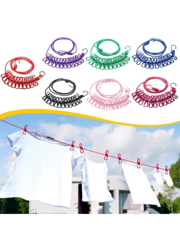 AADYA ALLEY Mala Eka Cloth Drying Rope with Hooks - Elastic Hanging Rope for Travel, Home, and Outdoor Drying - Includes 12 Clips-Kapde Sukhane ki Rassi Wire - Pack of 1- Multicolour (1) - Image 2