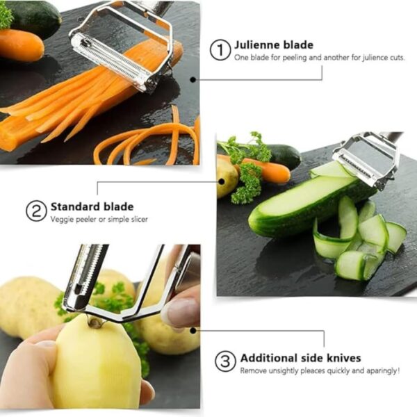 Go Store 2 in 1 Stainless Steel Julienne Vegetable Peeler Multi-Functional Fruit & Veggie Shredder, Slicer, and Grater for Potatoes, Carrots, Cucumbers (Silver, 18 x 8.2 x 2.4 cm) - Image 6