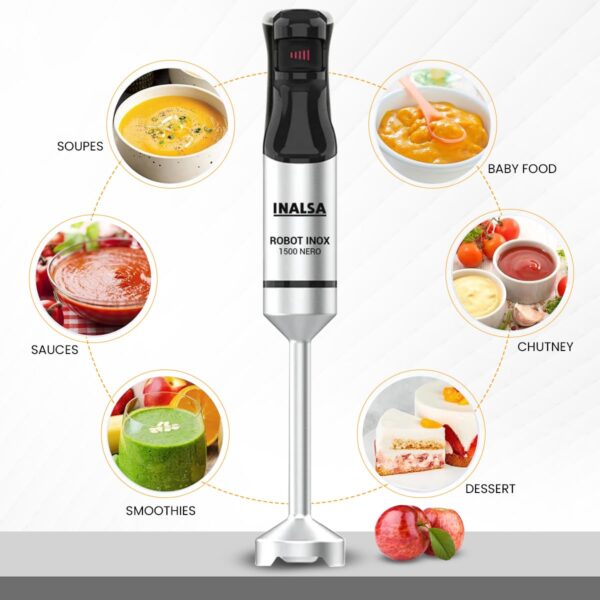 INALSA Hand Blender 1500Watts|Silent DC Copper Motor|Variable Speed with Stepless Technology|4 Attachments|Anti-Splash Technology| Detachable Stainless Steel Stem-Robot INOX 1500 Nero - Image 8