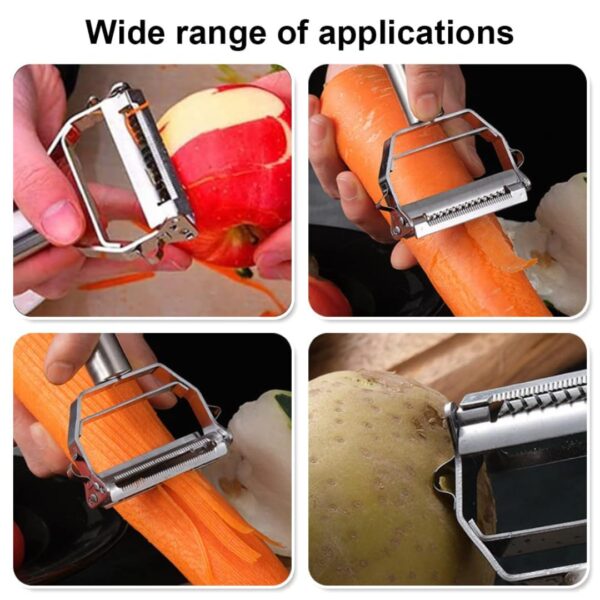 Go Store 2 in 1 Stainless Steel Julienne Vegetable Peeler Multi-Functional Fruit & Veggie Shredder, Slicer, and Grater for Potatoes, Carrots, Cucumbers (Silver, 18 x 8.2 x 2.4 cm) - Image 7